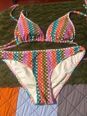Hurley Multicolor Textured Triangle Bikini - Teal, Coral & Purple